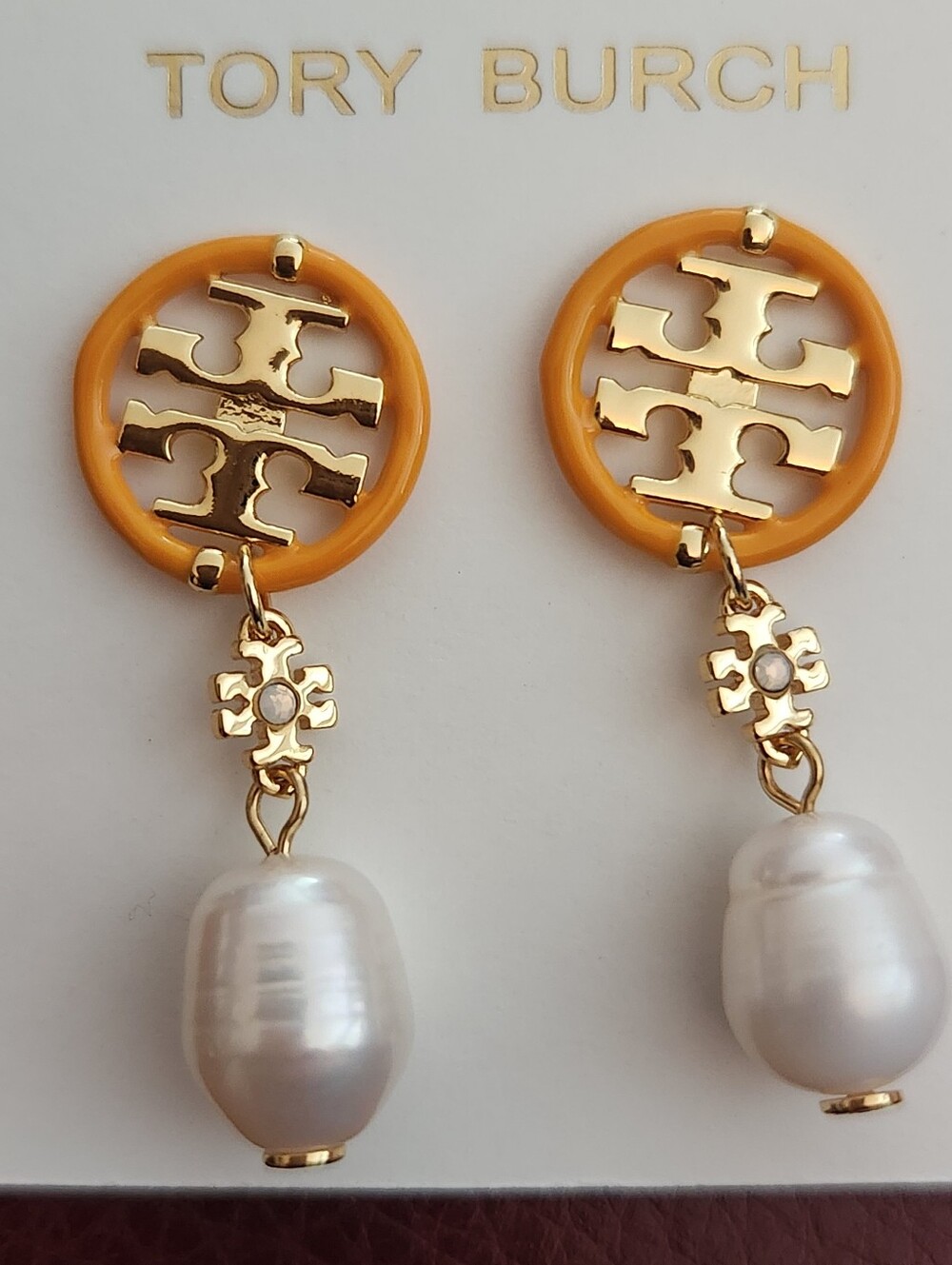 Tory Burch Gold Logo Drop Earrings with Orange Enamel and Pearl